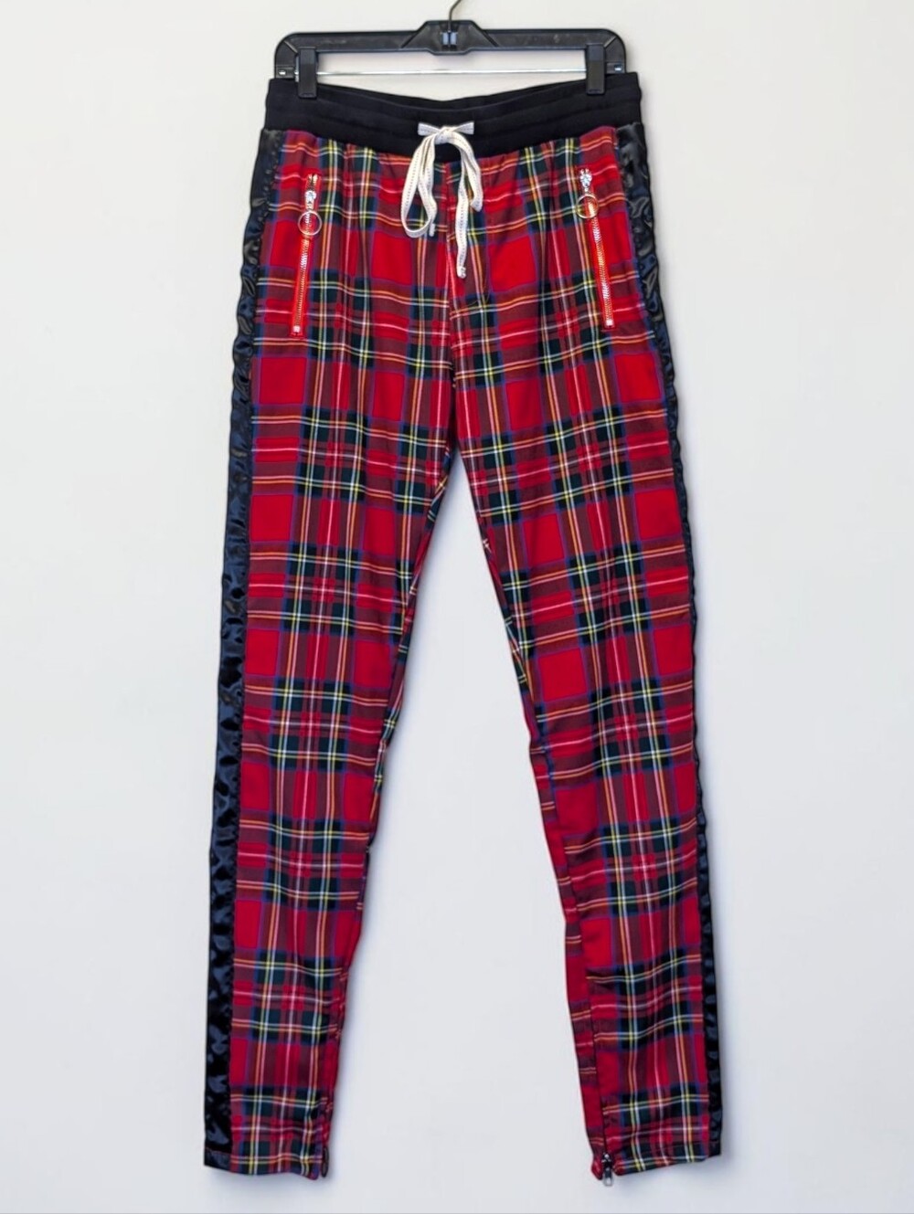 KDNK Men’s Red Tartan Plaid Satin Stripe Zip Jogger Pants L